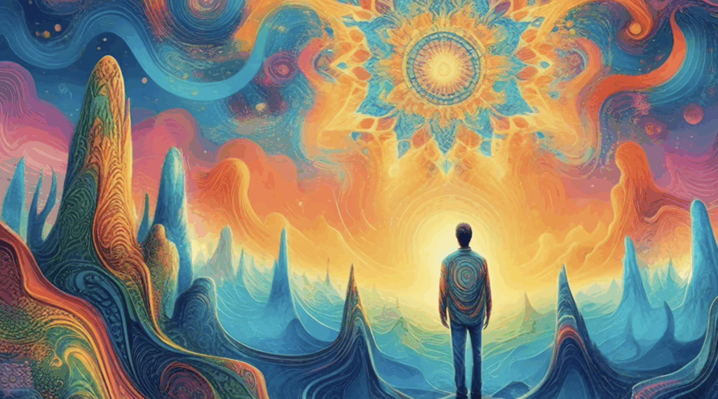 A person sitting on a cliff overlooking a glowing river and rainbow-colored mountains in 4K trippy visuals for relaxation